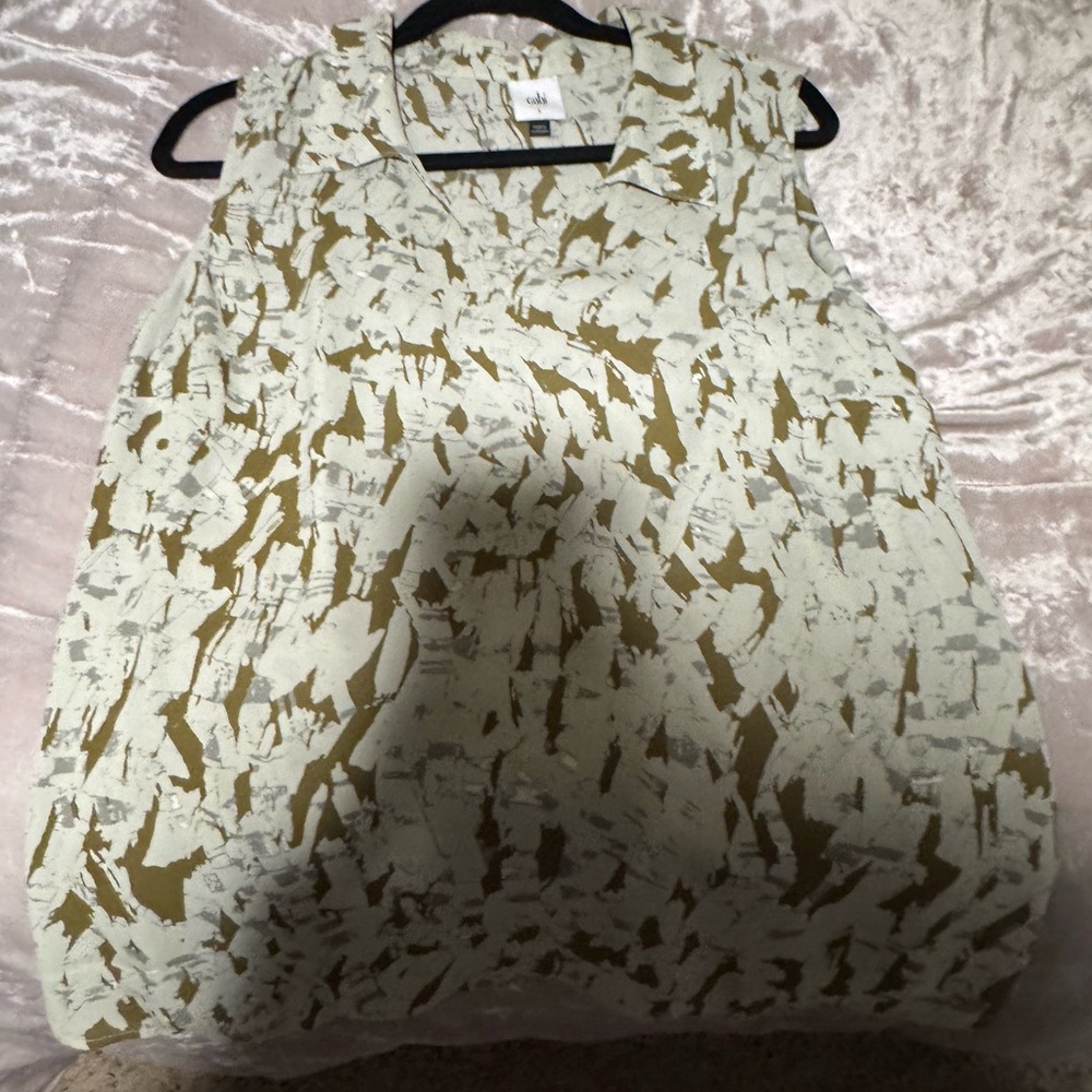CAbi Olive and Cream Sleeveless Blouse